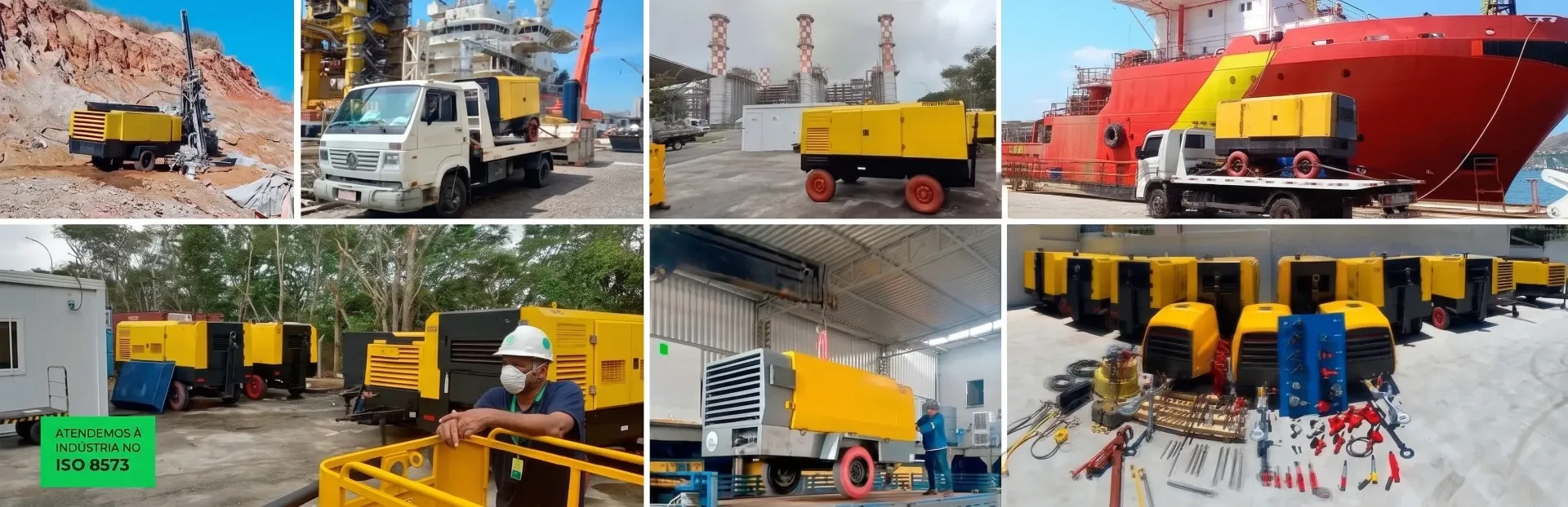 Compressores a diesel portáteis da Rental Parts em obras, mineração, indústria e estaleiros — locação com atendimento à ISO 8573