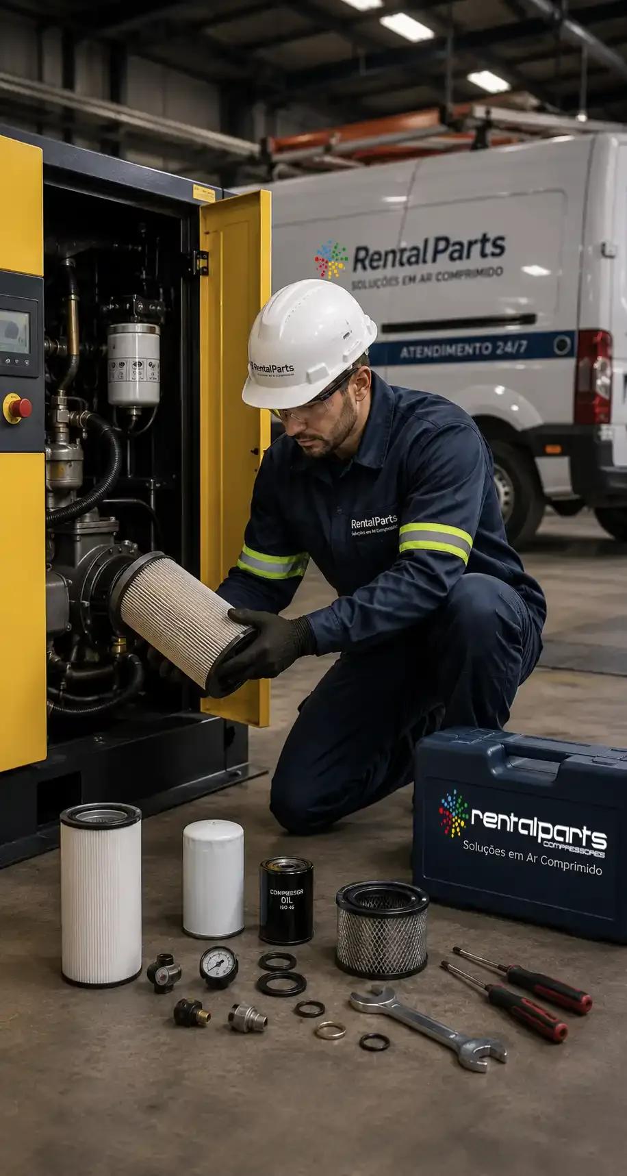 Técnico realizando manutenção em compressor de ar industrial - Rental Parts