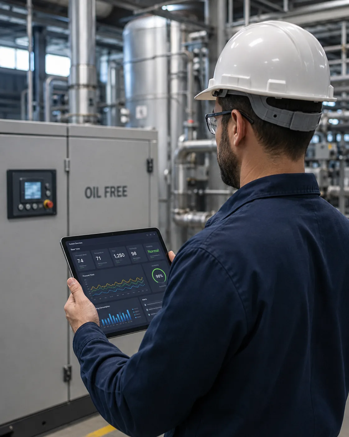 Monitoramento em tempo real de compressor isento de óleo via tablet — Rental Parts