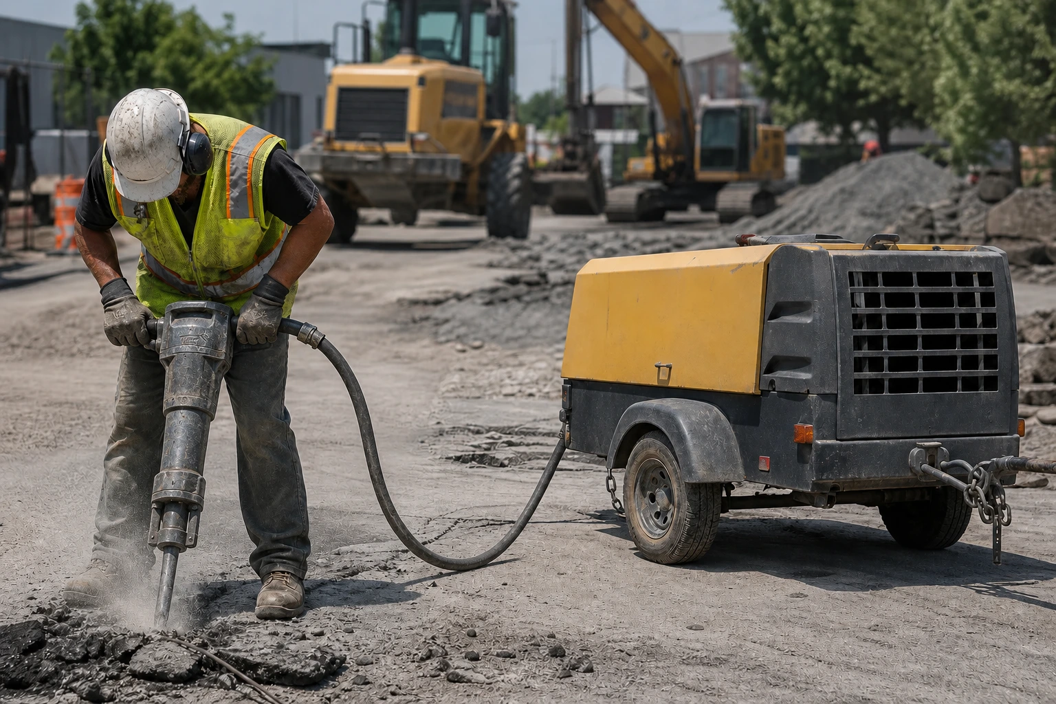 Operário com martelo pneumático e compressor diesel portátil em obra rodoviária