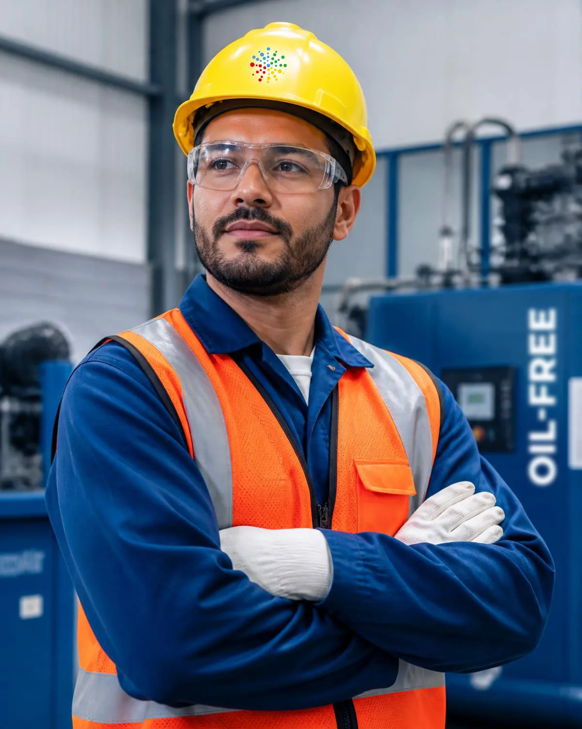 Técnico de compressor de ar industrial com EPIs da Rental Parts